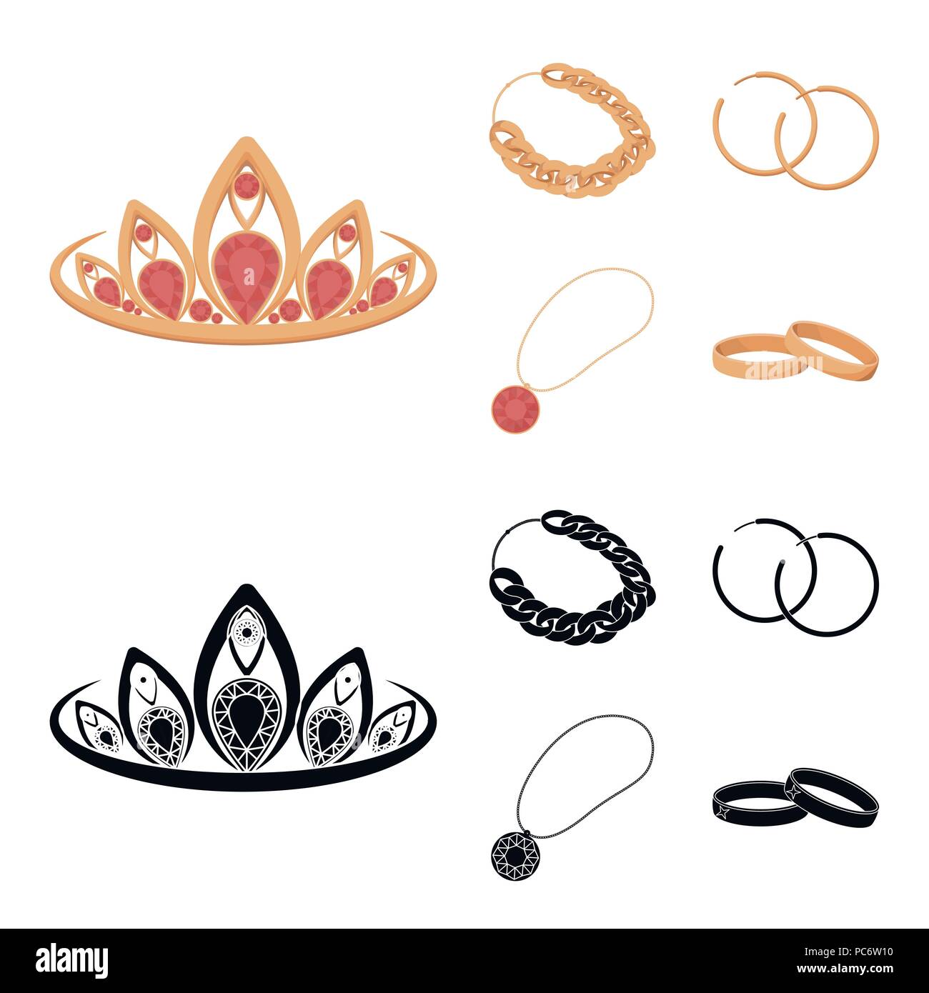 Tiara, gold chain, earrings, pendant with a stone. Jewelery and accessories set collection icons in cartoon,black style vector symbol stock illustrati Stock Vector