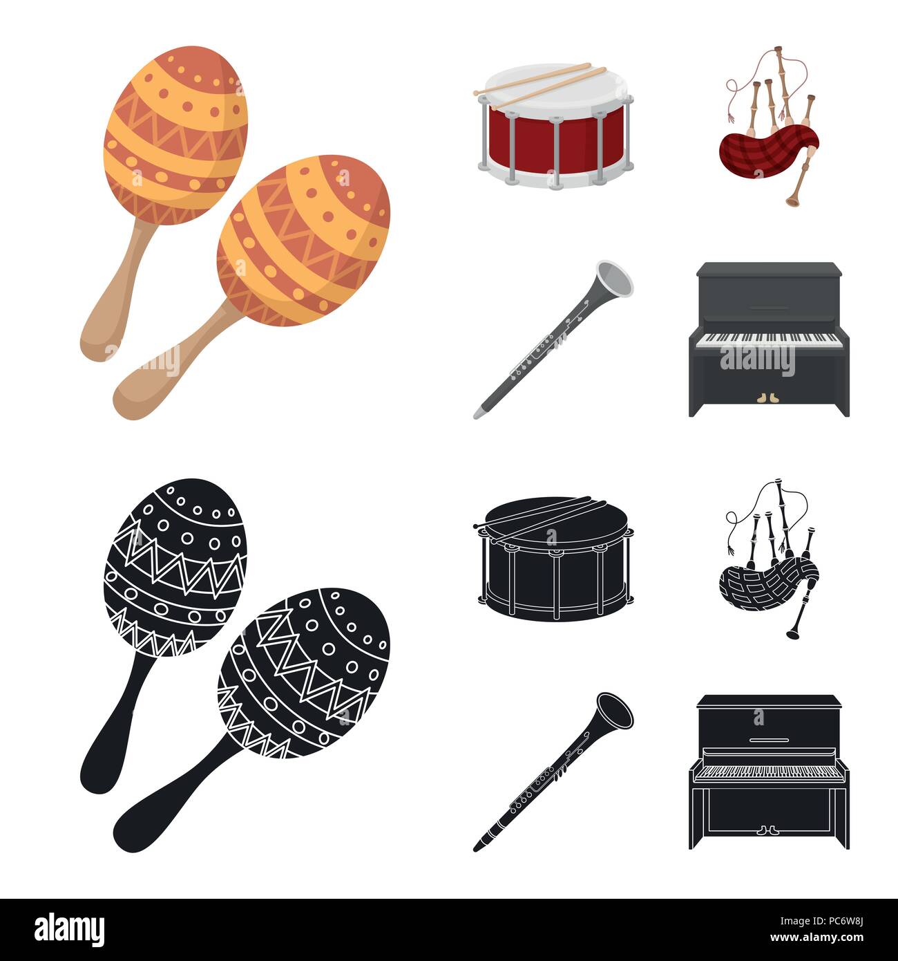 Maracas, drum, Scottish bagpipes, Musical instruments set