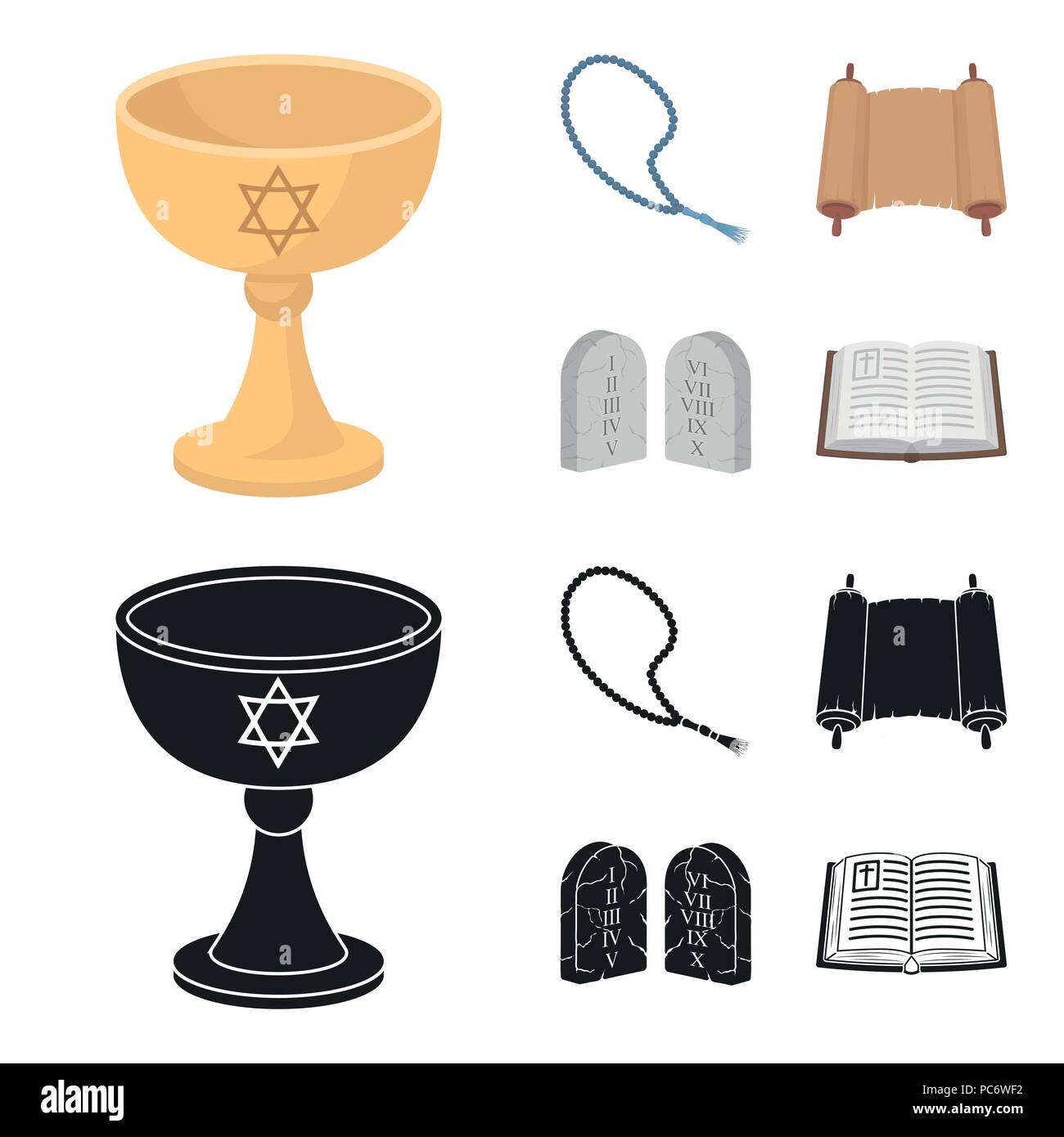 A cup of wine, Islamic beads, ten commandments, tanakh. Religion set ...
