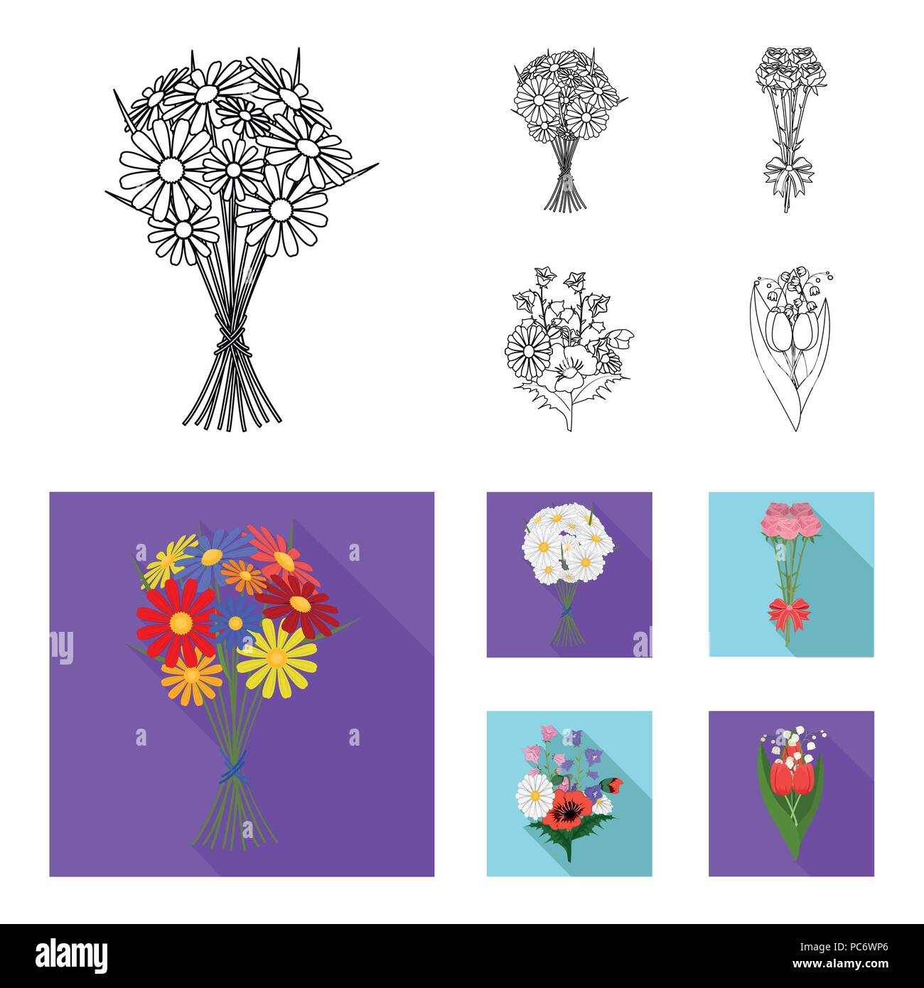 A bouquet of fresh flowers outline,flat icons in set collection for ...