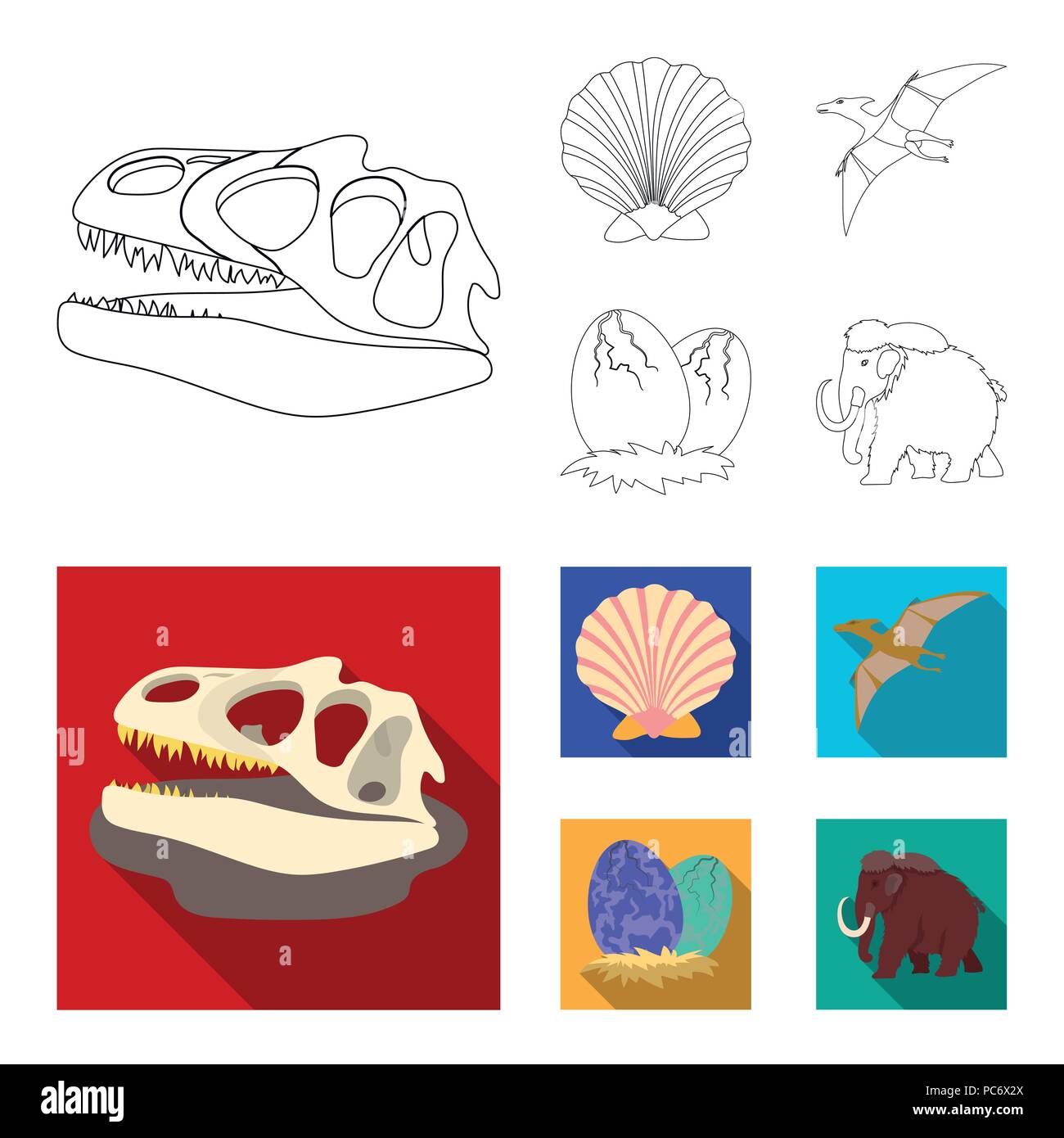 Prehistoric shell, dinosaur eggs,pterodactyl, mammoth. Dinosaur and  prehistoric period set collection icons in cartoon,black style vector  symbol stock illustration web. Stock Vector