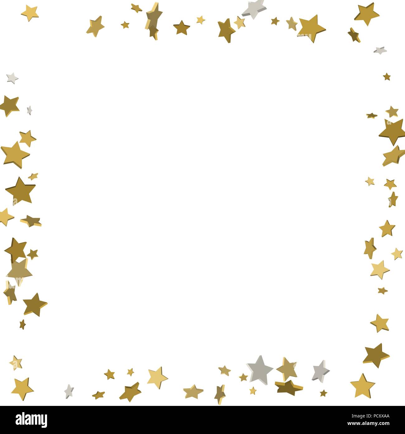 3d gold frame or border of random scatter golden stars on white background. Design element for