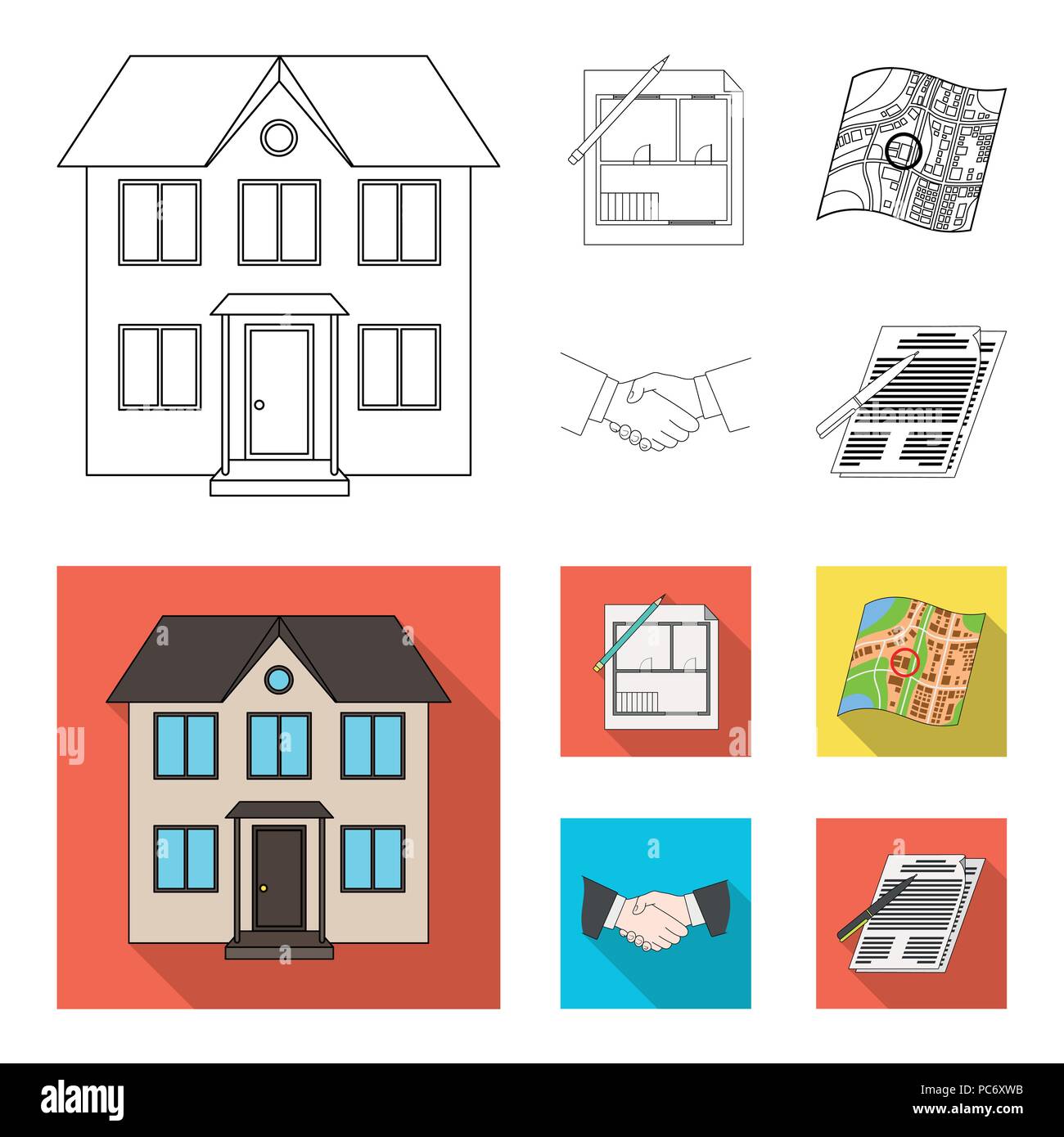House plan, documents for signing, handshake, terrain plan. Realtor set collection icons in
