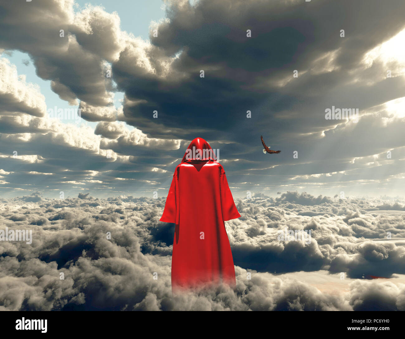 Figure in red cloak stands on a field of clouds Stock Photo - Alamy