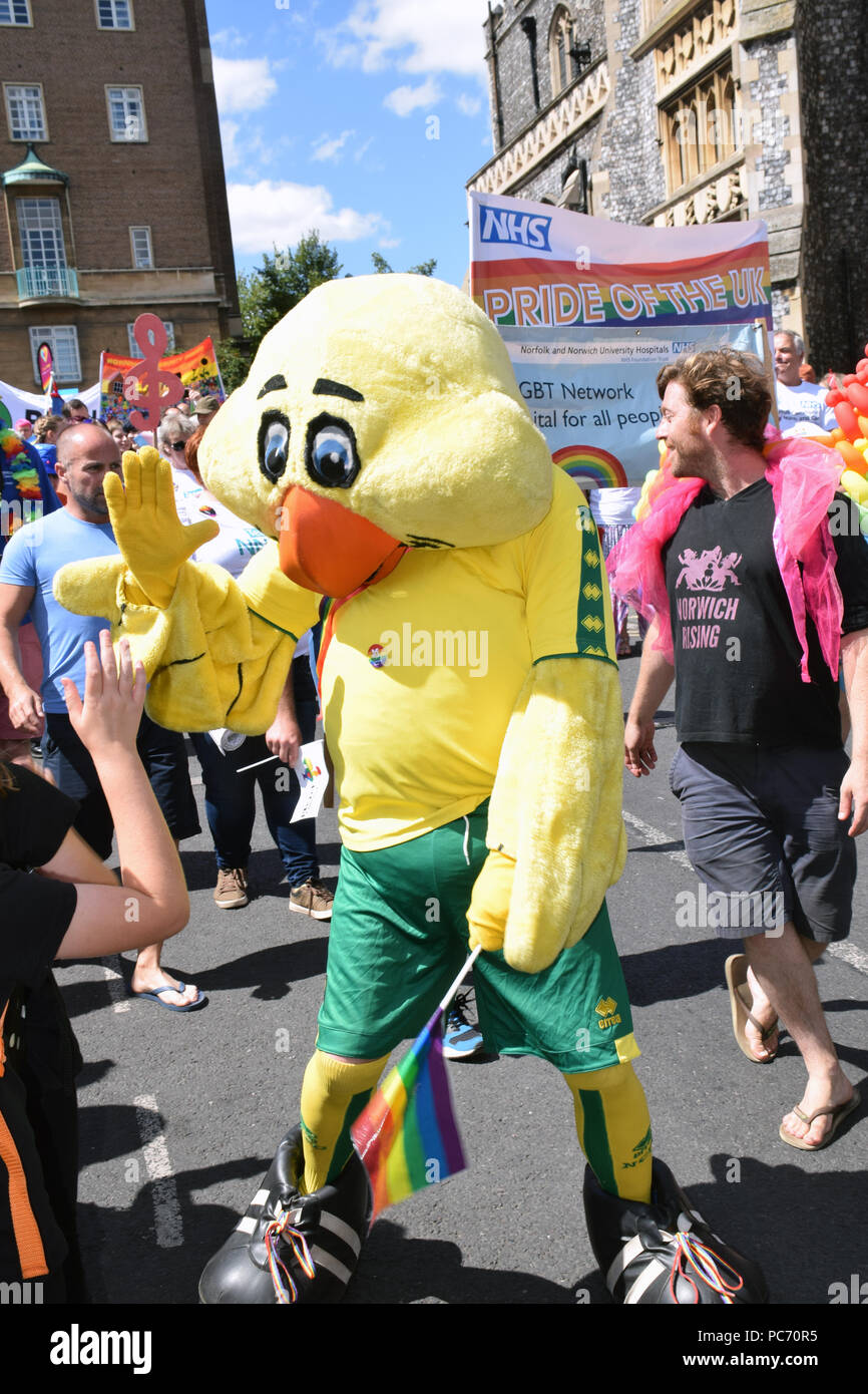 Norwich Pride, 28 July 2018 UK - Norwich FC’s club mascot, Captain