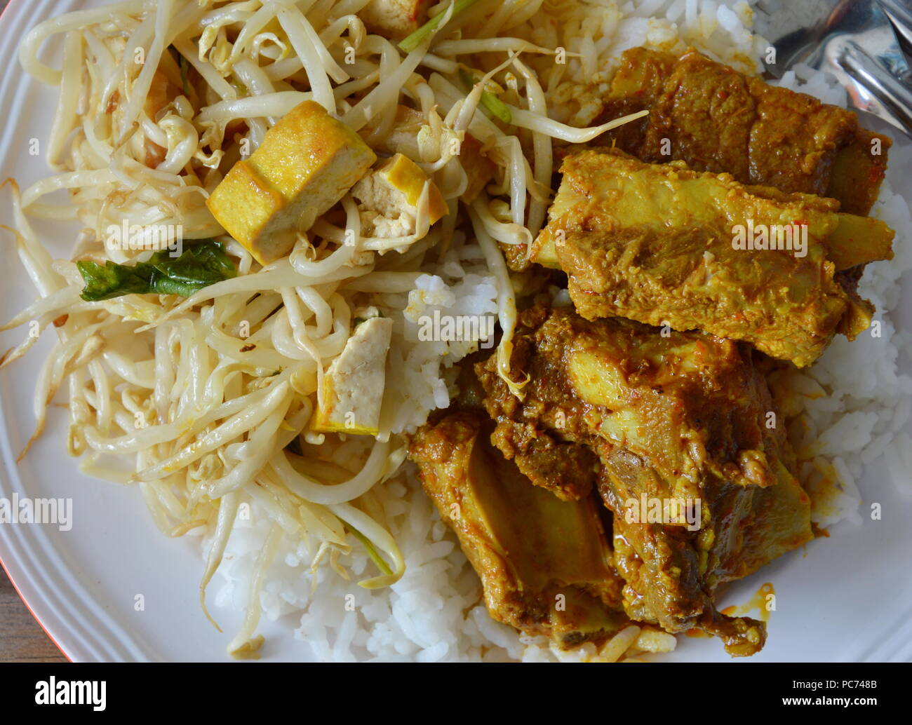 stirfried bean sprout with tofu and spicy curry pork bone on plain