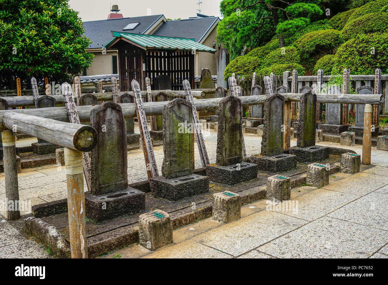 Tokyo, Japan - Jul 18, 2015. Graves of Sengakuji Temple in Tokyo, Japan. Sengaku-ji was one of the three major temples of old Edo (now Tokyo). Stock Photo