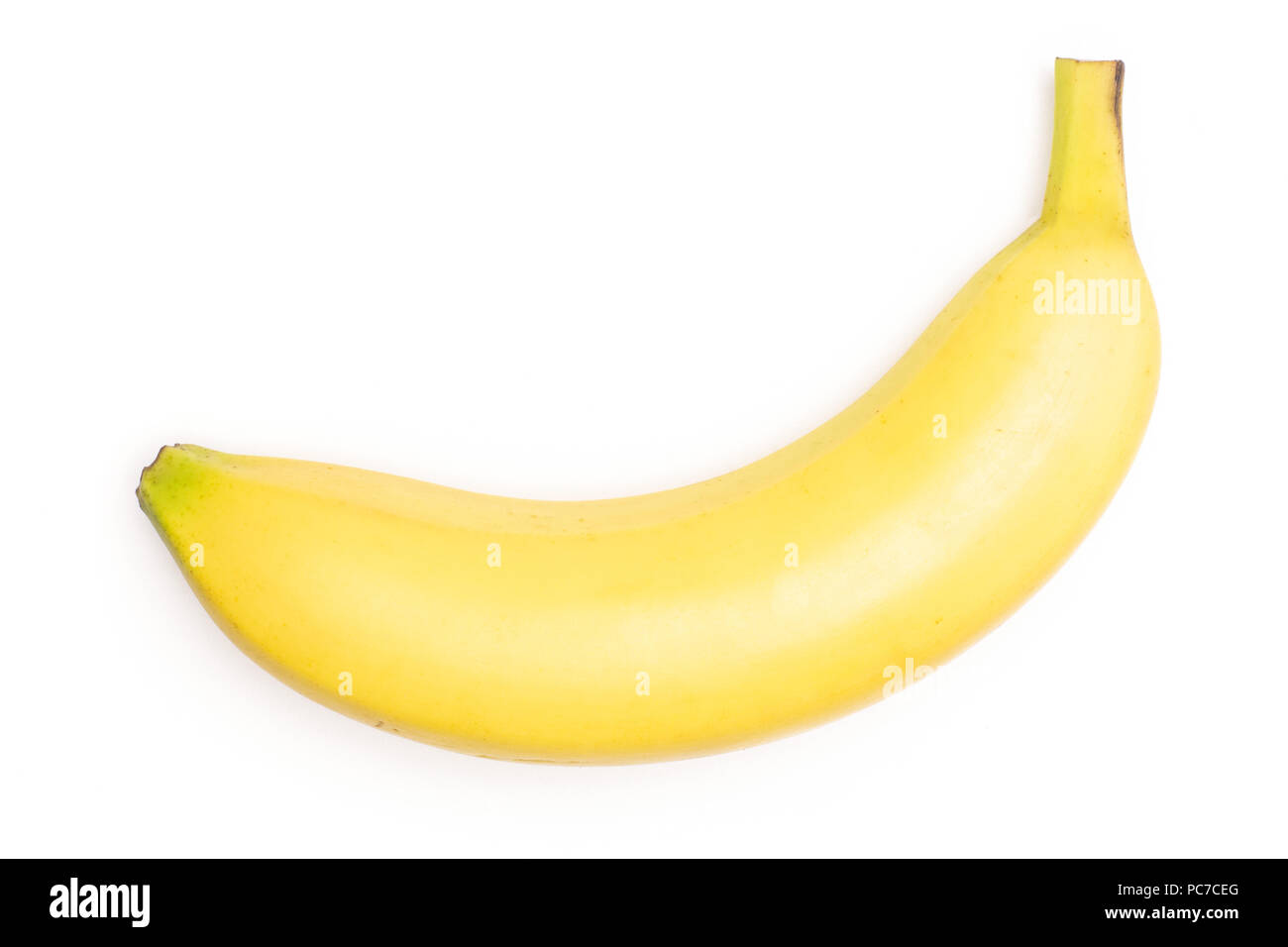 One whole fresh yellow banana flatlay isolated on white background Stock Photo