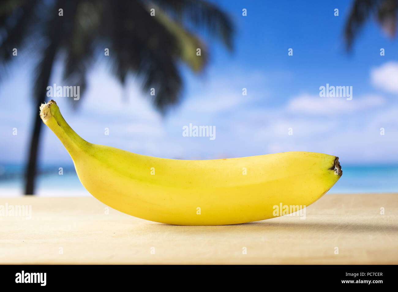 One whole fresh yellow banana with palm trees on the beach in background Stock Photo