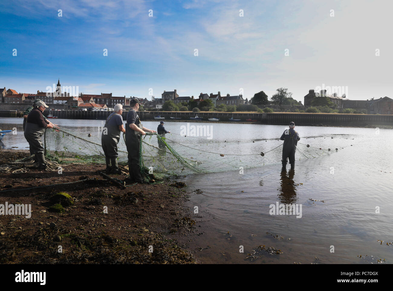Salmon fishing on the River Tweed at Gardo fishery the last commercial fishing station left on the Tweed Stock Photo