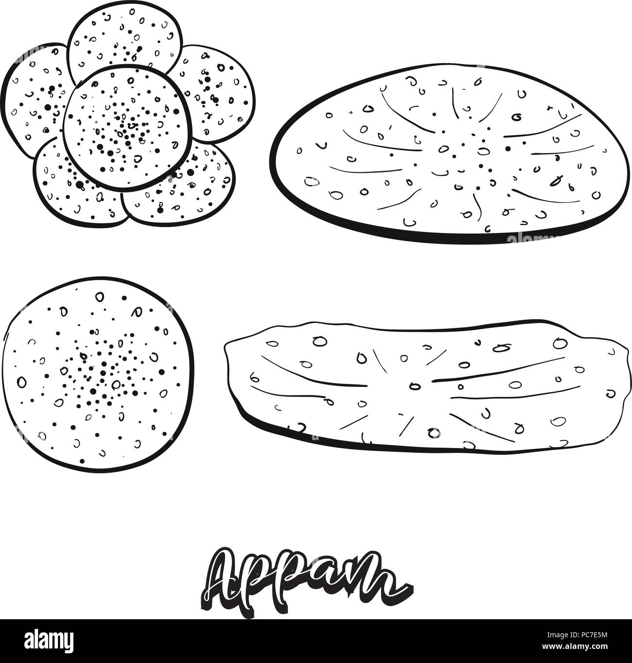 Hand drawn sketch of Appam food. Vector drawing of Varies widely food, usually known in India, Kerala, Sri Lanka. Bread illustration series. Stock Vector