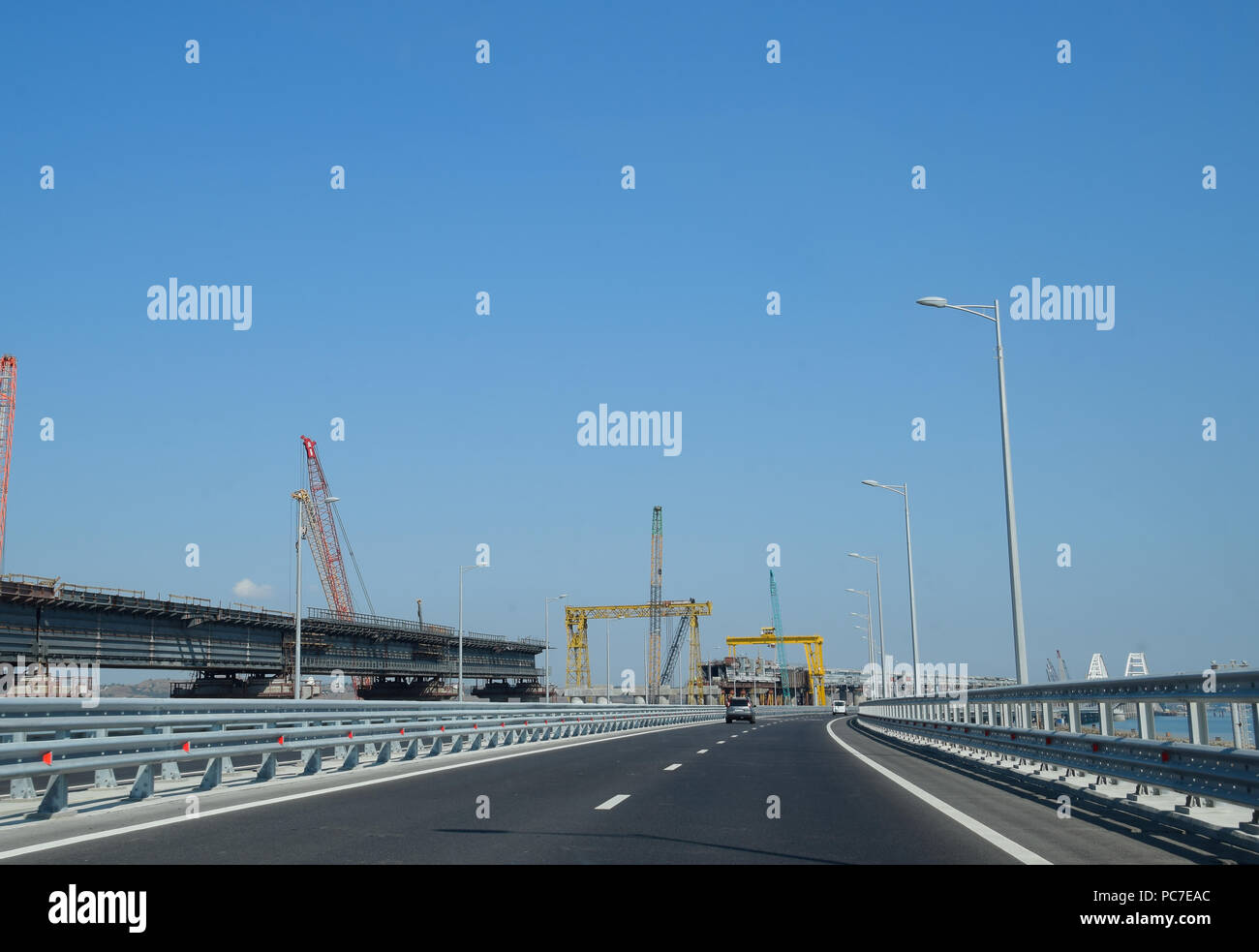Crimean bridge, Taman, Russia - July 9, 2018: Driving along the Crimean bridge. A grandiose building of the 21st century. The new bridge. Stock Photo