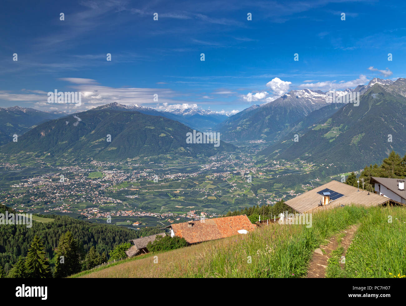 View into the Vinschgau from the Taser mountain trail above Schenna near Meran, South Tyrol Stock Photo