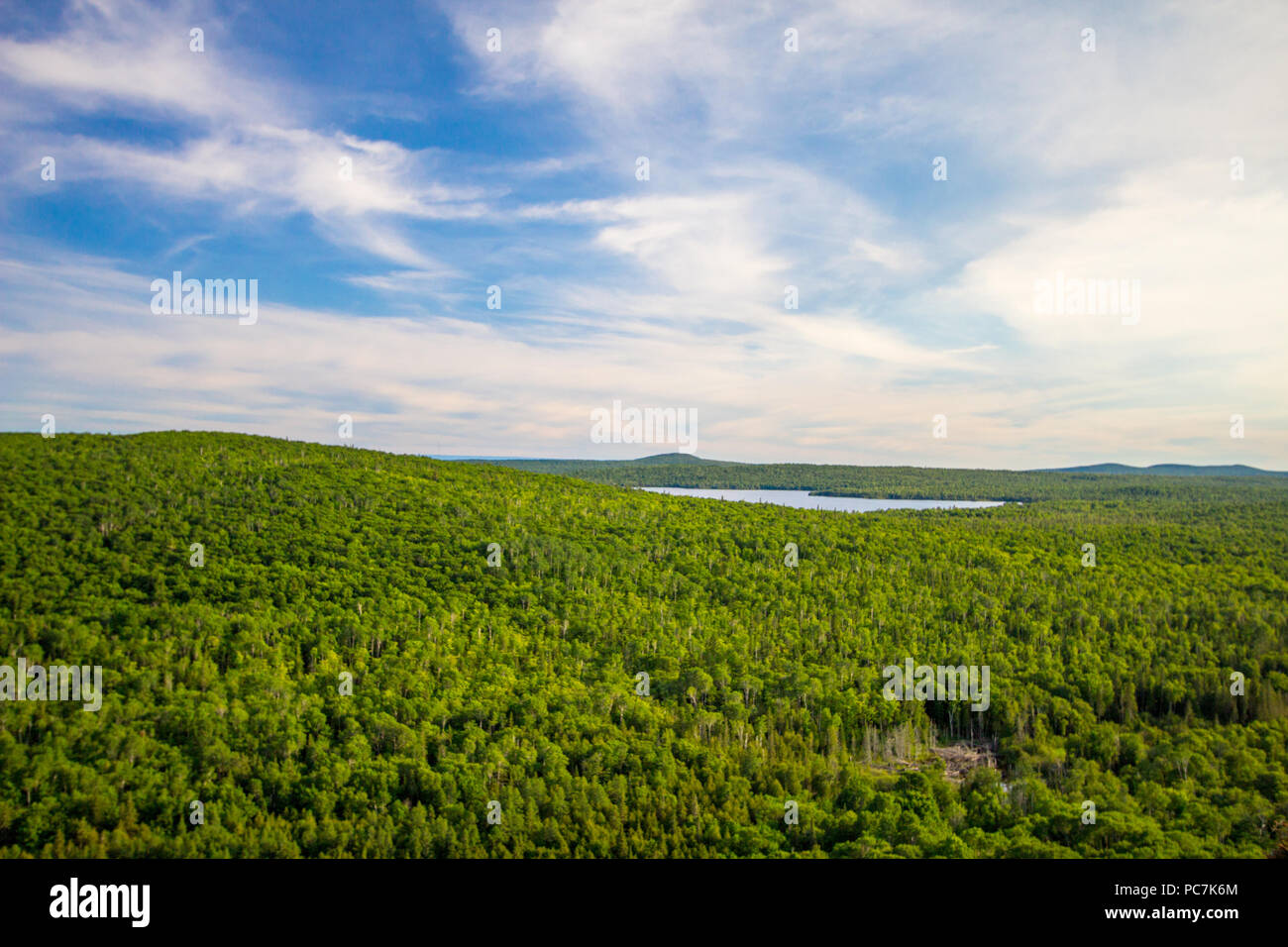 View from Brockway Mountain Drive. Panoramic view of the lush forest wilderness of northern Michigan.from Brockway Mountain Drive in Copper Harbor, Stock Photo