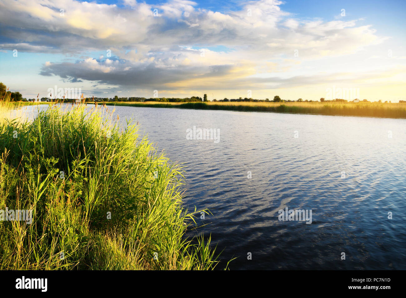 Summer rural landscape with Szkarpawa river at sunset. Pomerania, northern Poland. Stock Photo