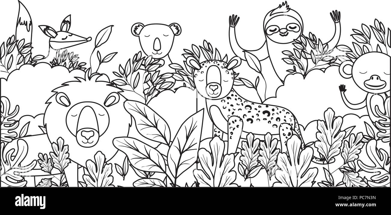 Wild Animals In The Jungle Scene Stock Vector Art Illustration