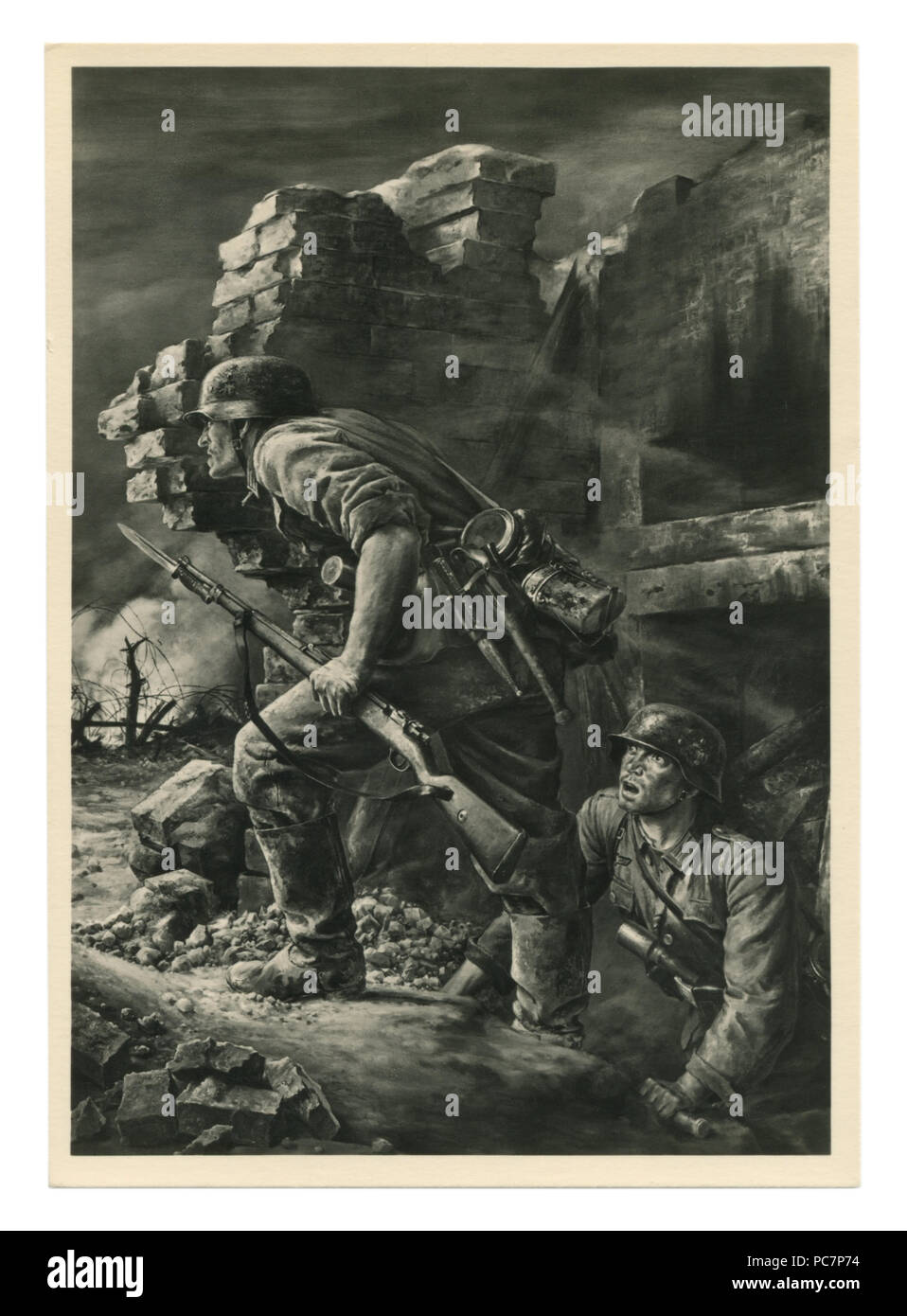 Historical postcard: 'Grenadiers'. German soldiers in full gear in the ruins of the city. Artist Will Tschech, 1942, Germany, Third Reich Stock Photo