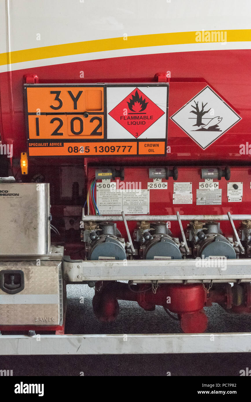 the hazardous chemical signage on a delivery tanker or lorry with fuel cut off valves and taps. Stock Photo