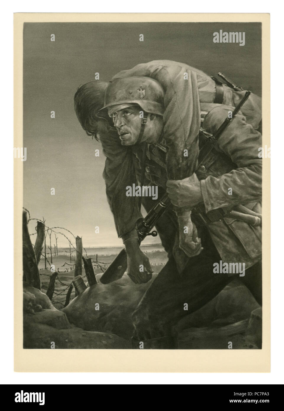 Historical postcard: 'Kameraden'. German soldier on the front line carries a wounded comrade. Artist Will Tschech, 1943, Germany, Third Reich Stock Photo