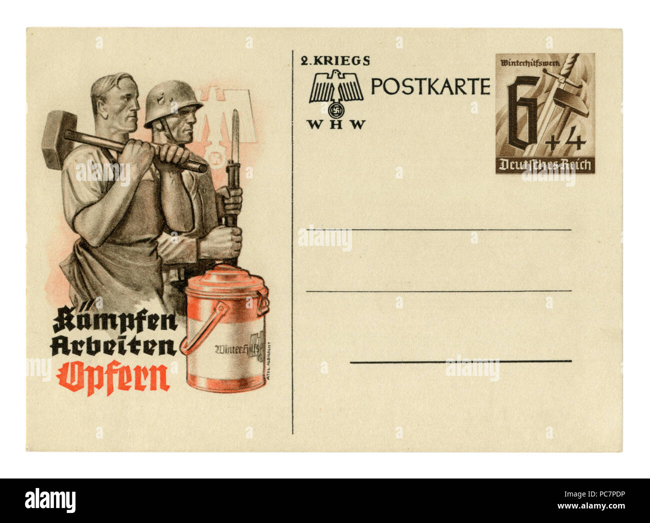 German historical postal card: Worker with a hammer and a soldier with a rifle. 'Winter Relief' fund. Fight, work, sacrifice, issue 1940, Germany Stock Photo