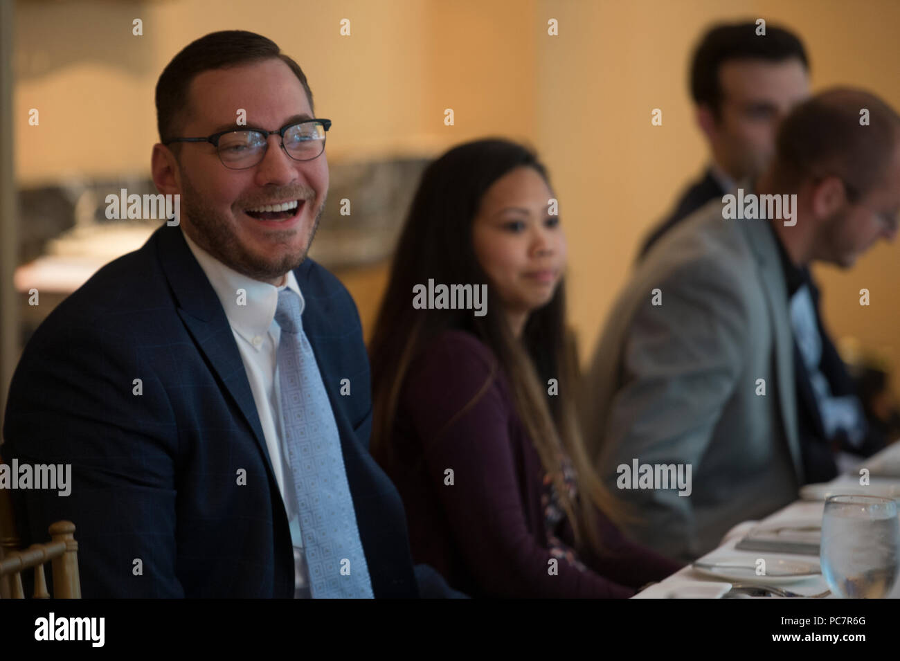 UNITED STATES: July 31, 2018: Owen Donnelly shares a laugh during the next Gen luncheon at the 2941 Restaurant in Arlington Virginia. The next generat Stock Photo