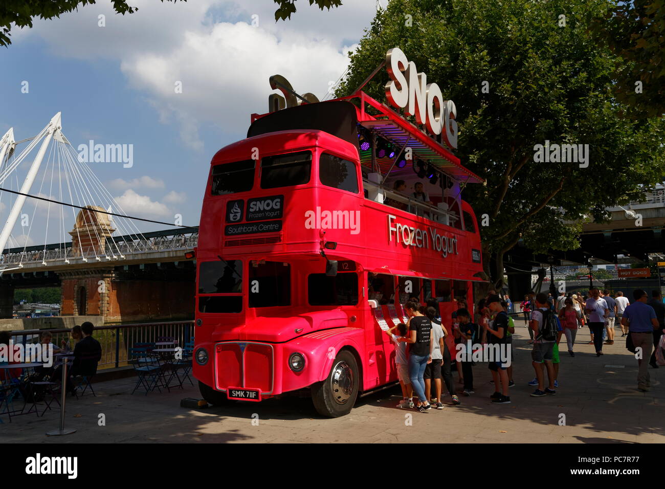 Snog frozen yogurt from a red double decker bus on the Queens Walk Jubilee Gardens South Bank