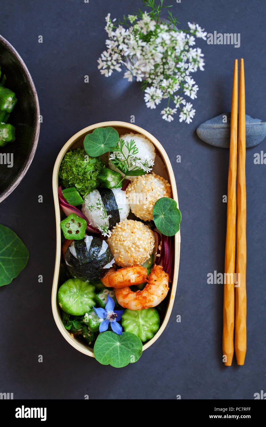 Bento box with onigiri, prawns and vegetables Stock Photo Alamy