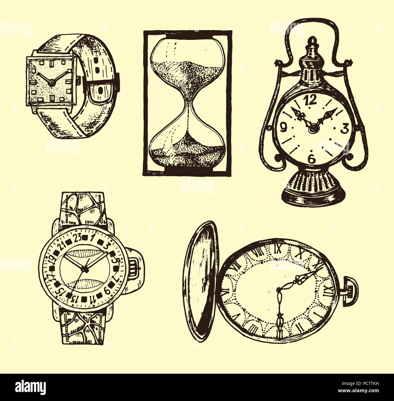 Old Fashioned Alarm Clock Ring Sketch Engraving, Vectors