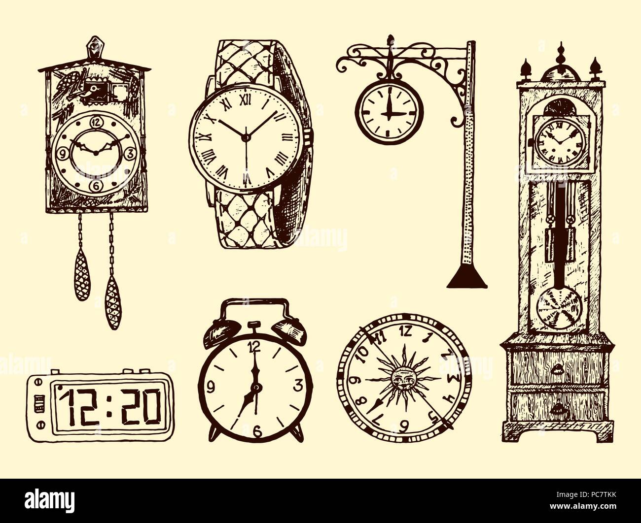 Old Fashioned Alarm Clock Ring Sketch Engraving, Vectors