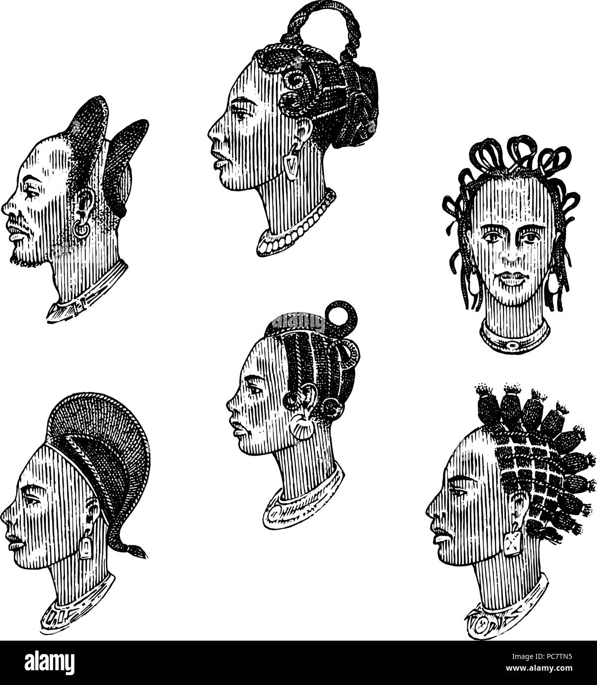 African national male hairstyles. Profile of a man with curly hair. Different Afro Dreadlocks. Ancient faces of people. Portrait Engraved hand drawn old sketch. Southern tribes. Stock Vector