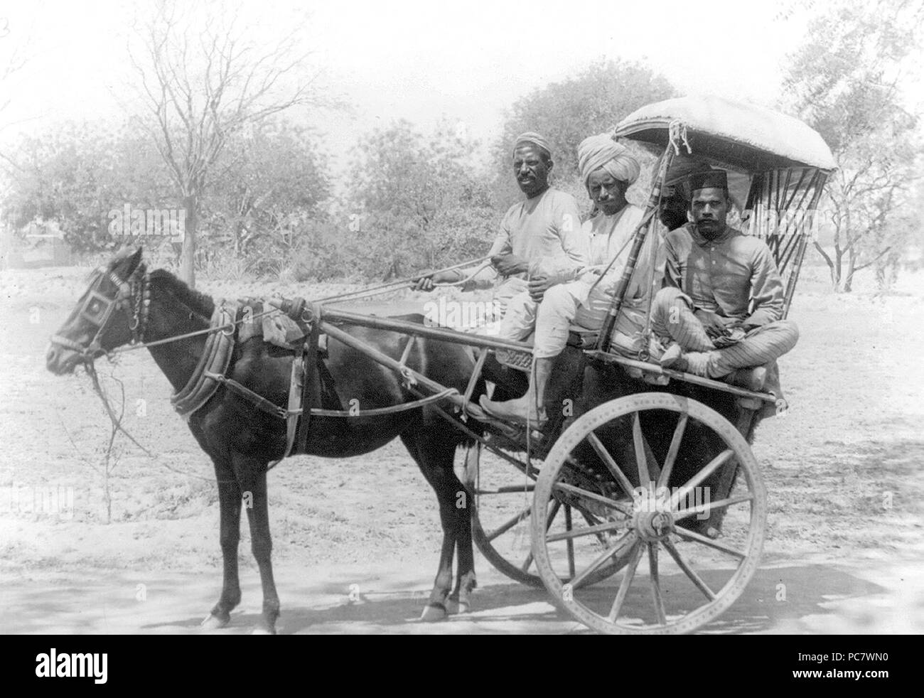 Photo shows four men riding in a twowheel horsedrawn cart in India
