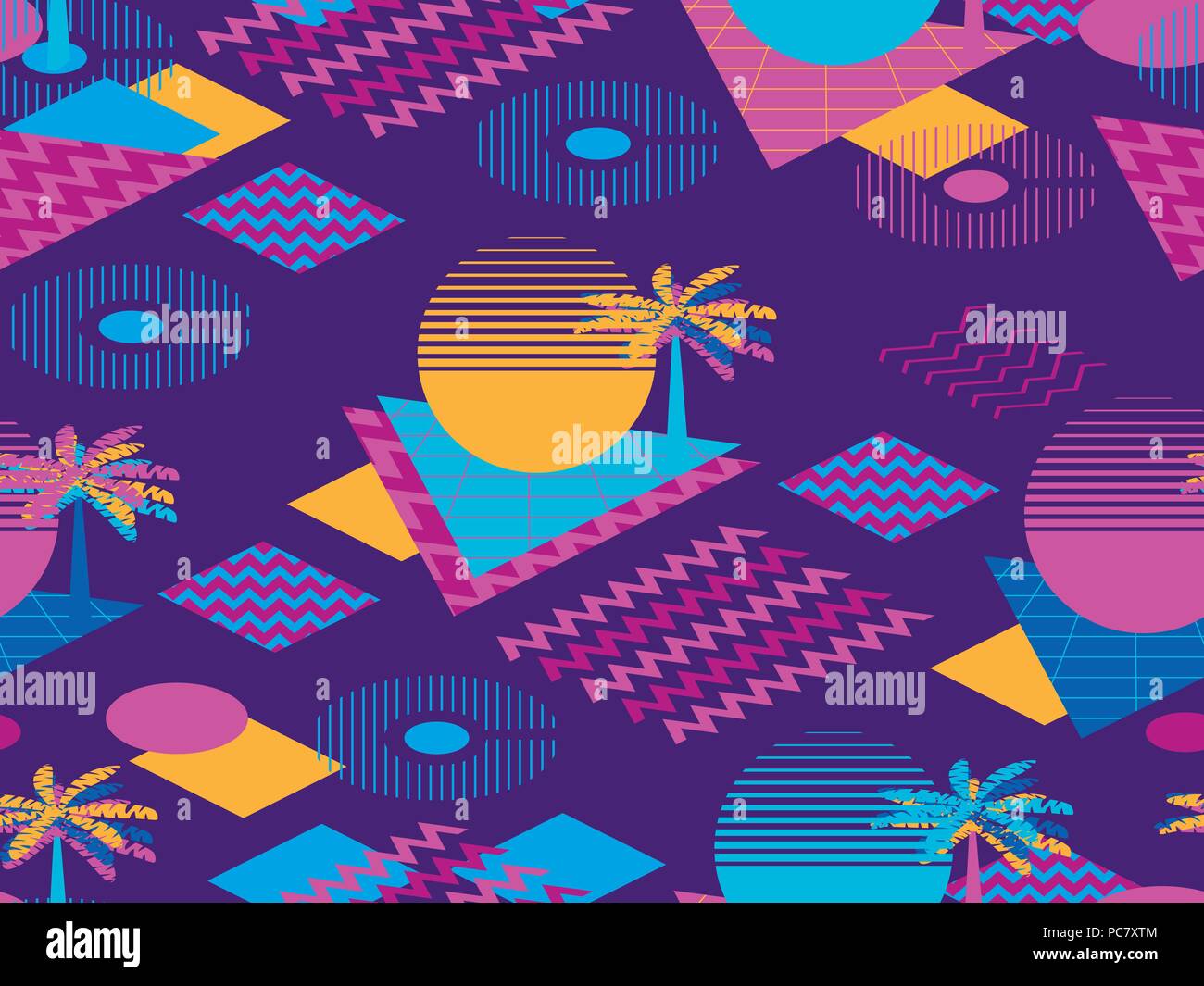 Memphis seamless pattern with palm tree. Geometric elements memphis in the style of 80s. Synthwave futuristic background. Retrowave. Vector illustrati Stock Vector
