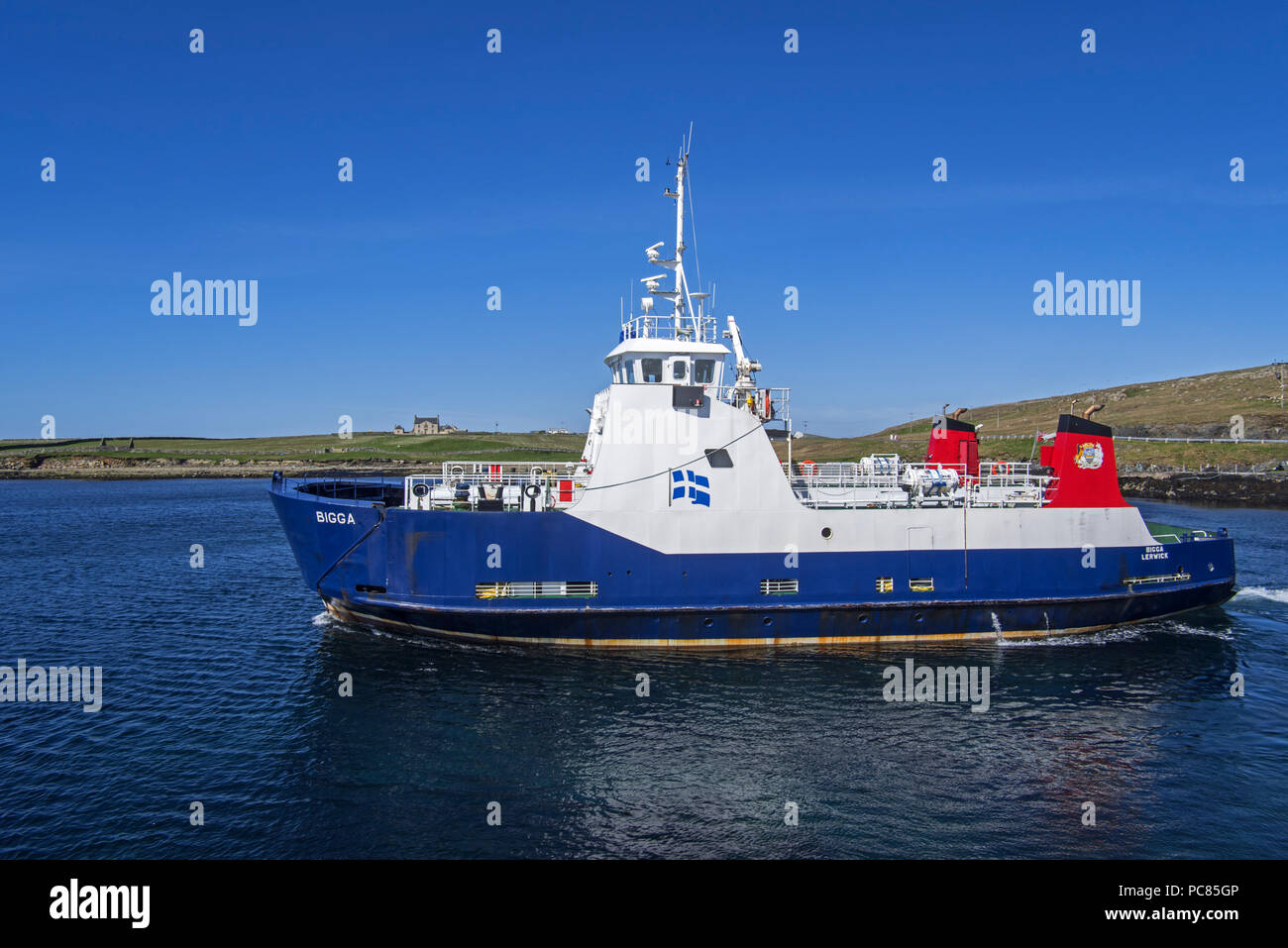 Bigga, passenger and car ferry that operates on Bluemull sound service, SIC Ferries leaving Belmont on Unst, Shetland Islands, Scotland, UK Stock Photo