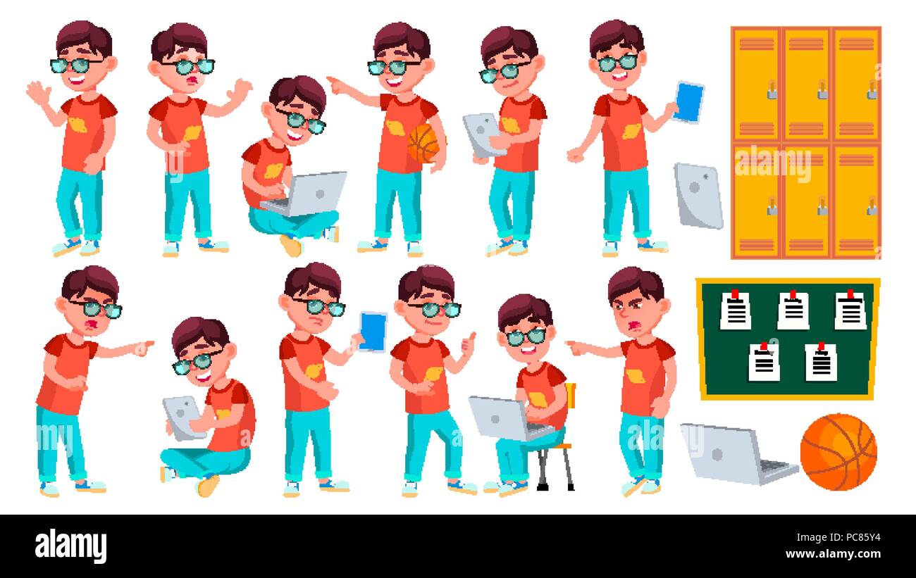 Boy Schoolboy Kid Poses Set Vector. Primary School Child. Schooler ...