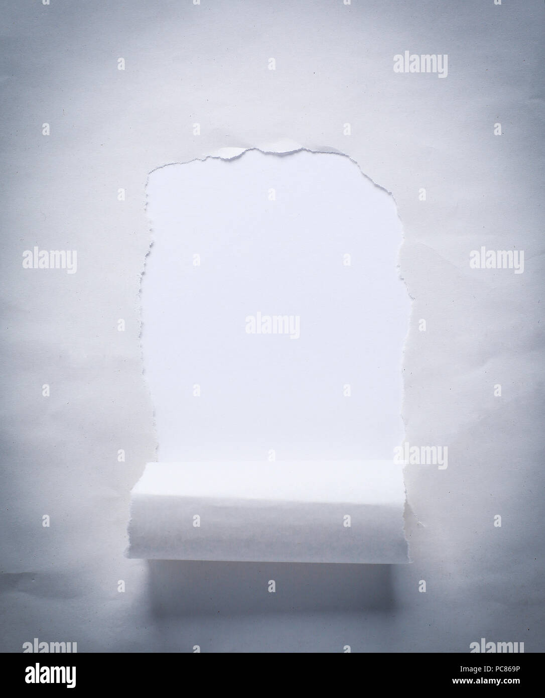 torn piece of paper on white background. background for advertising text Stock Photo