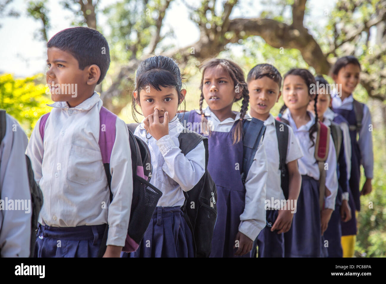 Village elementary school kids forming line for morning prayer. different age group children wearing school uniform. Stock Photo