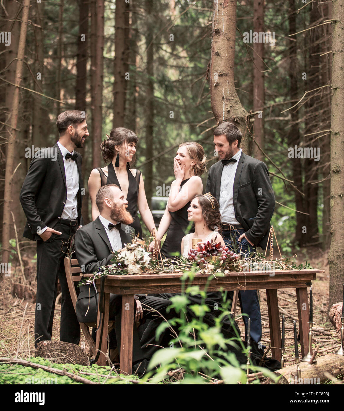 bride and groom at the wedding ceremony in the woods Stock Photo - Alamy