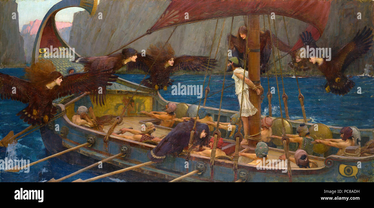 93 WATERHOUSE - Ulises y las Sirenas (National Gallery of Victoria, Melbourne, 1891. Óleo sobre lienzo, 100.6 x 202 cm) Stock Photo
