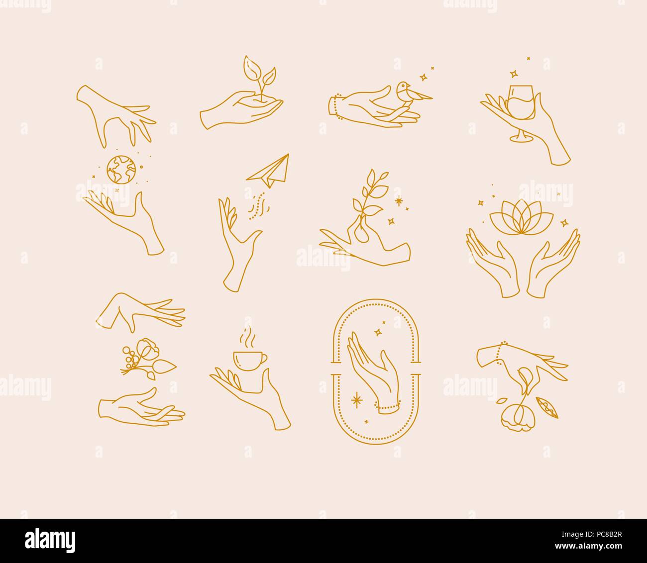 Hand symbols silhouettes drawing in flat style with brown lines on ...