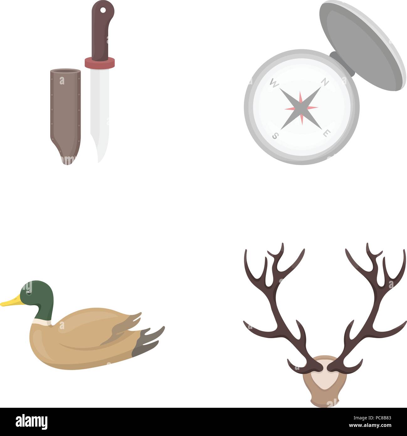 Knife with a cover, a duck, a deer horn, a compass with a lid.Hunting set collection icons in cartoon style vector symbol stock illustration . Stock Vector