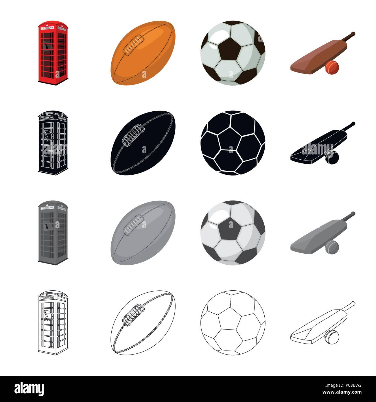 Red telephone booth, rugby ball and football, English cricket game. England set collection icons in cartoon black monochrome outline style vector symb Stock Vector