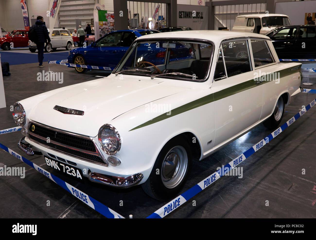 A Lotus Cortina Mk1 used  by Bruce Reynolds during 'The Great Train Robbery' on display in the Getaway Car Feature at the London Classic Car Show 2018 Stock Photo