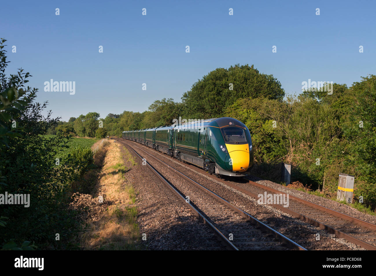 First Great Western railway bi - mode Intercity Express ( IEP ) train at Great Bedwyn  with a service from London Paddington to Frome Stock Photo