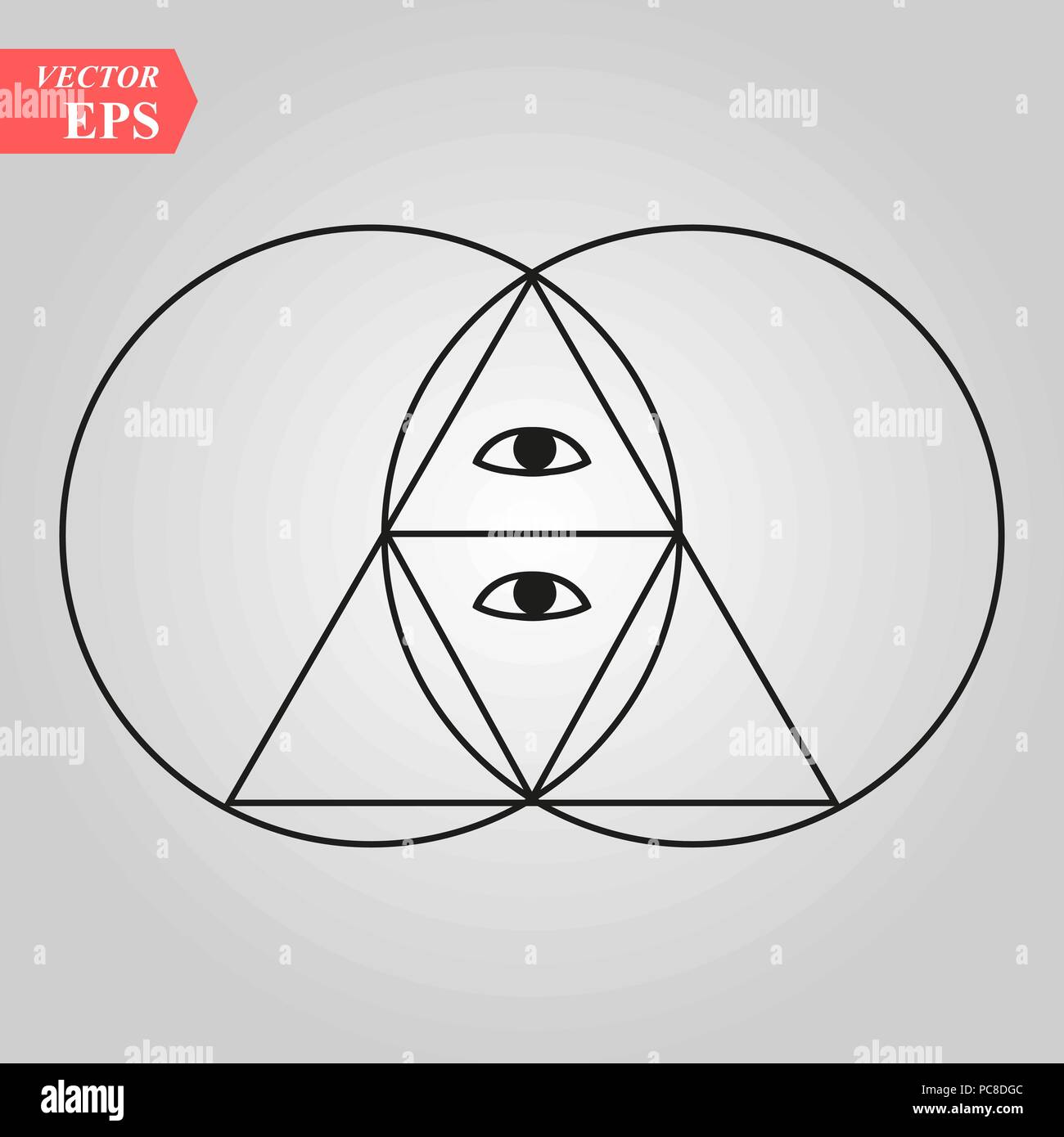 Sacred geometry pyramid with the eye,- vesca piscis -pointed oval figure used as an architectural feature and as an aureole enclosing figures such as  Stock Vector