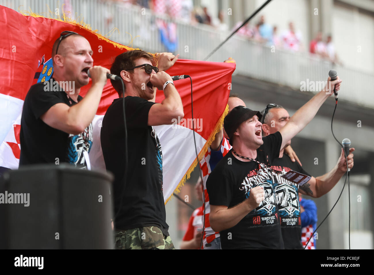 ZAGREB, CROATIA - JULY 16, 2018 : Croatia National Football Team welcome home celebration. Fan band Zapresic Boys singing together with Croatian music Stock Photo