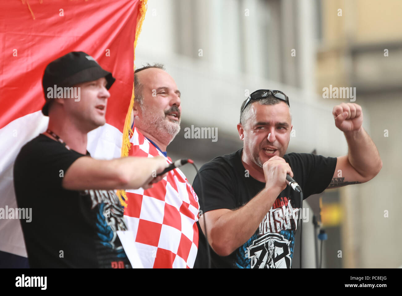 ZAGREB, CROATIA - JULY 16, 2018 : Croatia National Football Team welcome home celebration. Fan band Zapresic Boys singing together with Croatian music Stock Photo