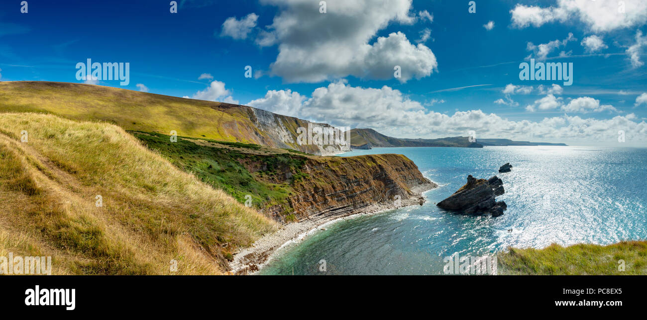 Mupe Bay Dorset England July 31, 2018 Dramatic view of Mupe Bay, near Lulworth, on Dorset's Jurassic Coast, seen from the south west coast path Stock Photo