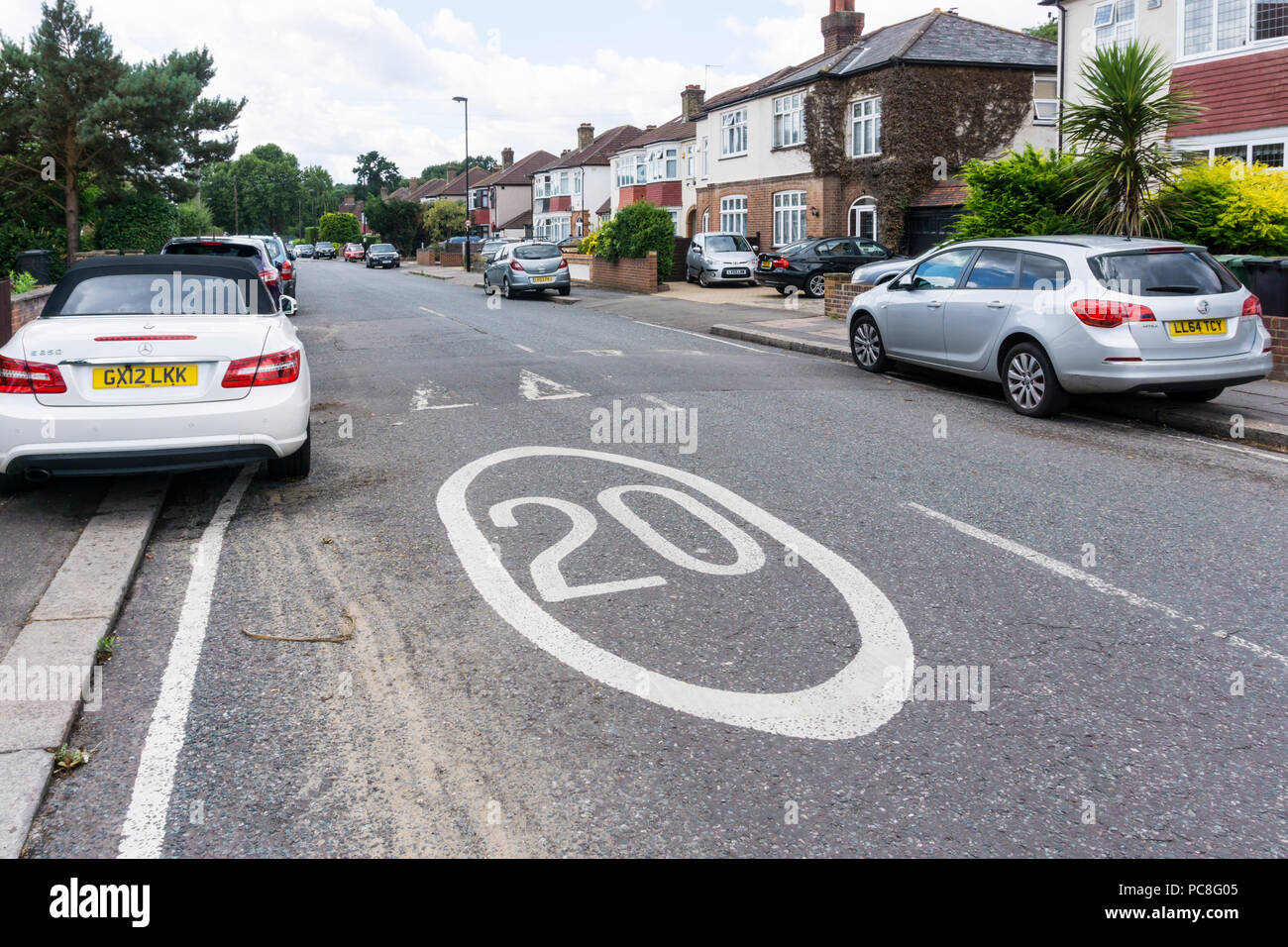 20 mph speed limit marking on road in Lewisham, south London. Stock Photo