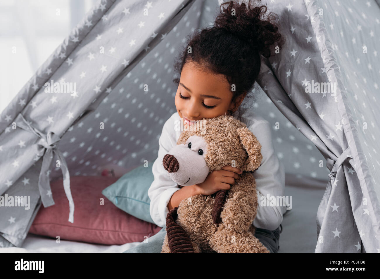 African American Kid Hugging Teddy Bear Stock Photo 214089324 Alamy
