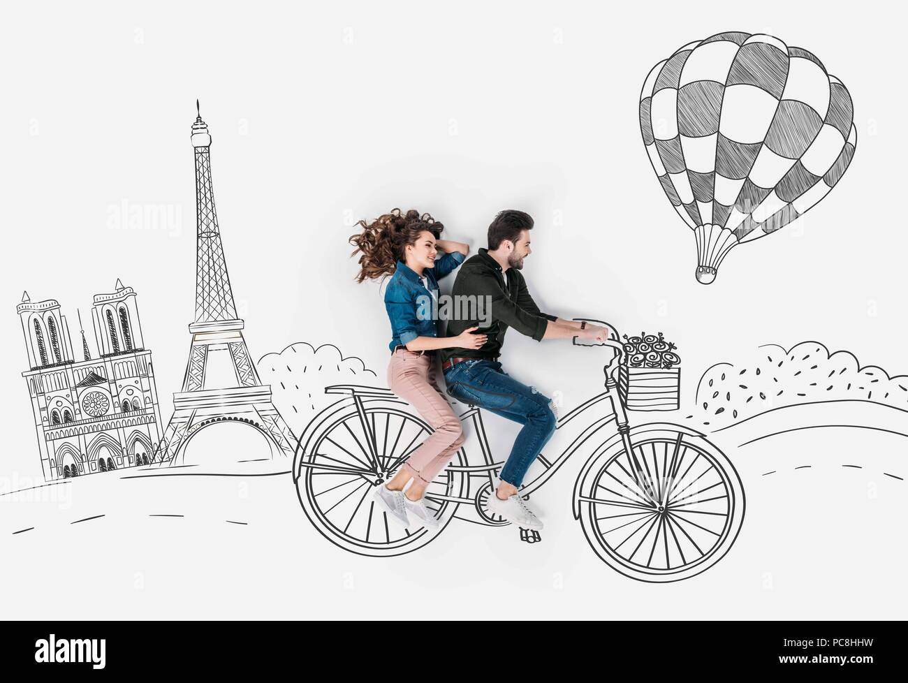 creative hand drawn collage with couple riding bike together at paris Stock  Photo - Alamy